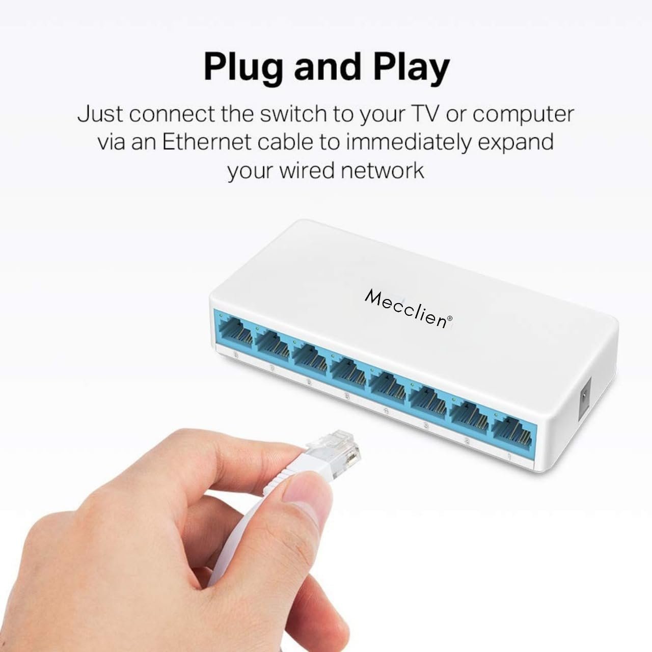 Mecclien GIGA 8-Port 10/100Mbps Desktop Ethernet Switch – Auto MDI/MDIX, Plug & Play, Ultra-Compact Design, Expand Your Network with RJ45 Ports