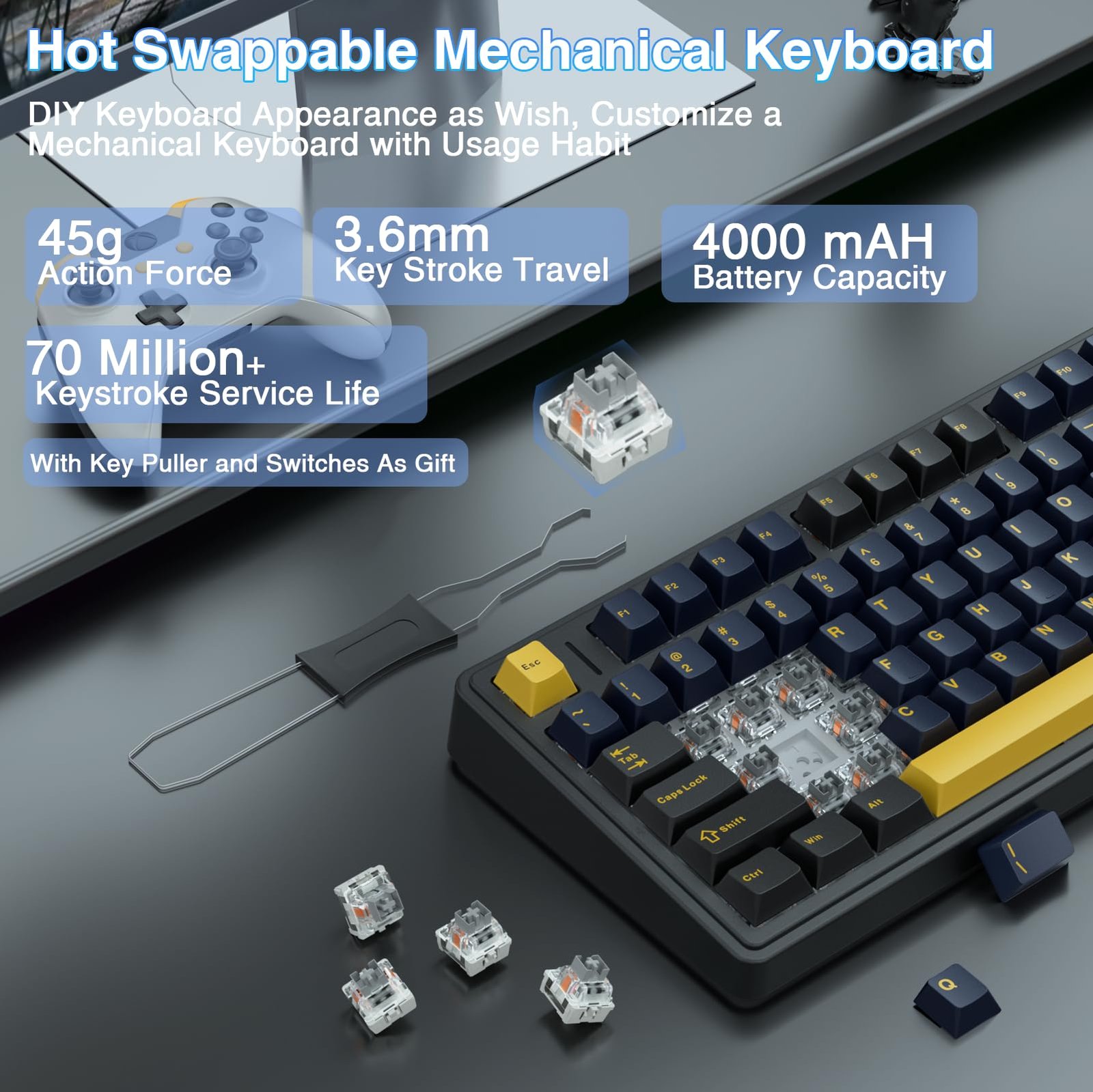 AULA F75 75% Wireless Mechanical Keyboard | Hot Swappable | Pre-lubed Linear Switches | RGB Backlit | 2.4GHz/Type-C/Bluetooth Gaming Keyboard (Thunder Black, Graywood Switch)