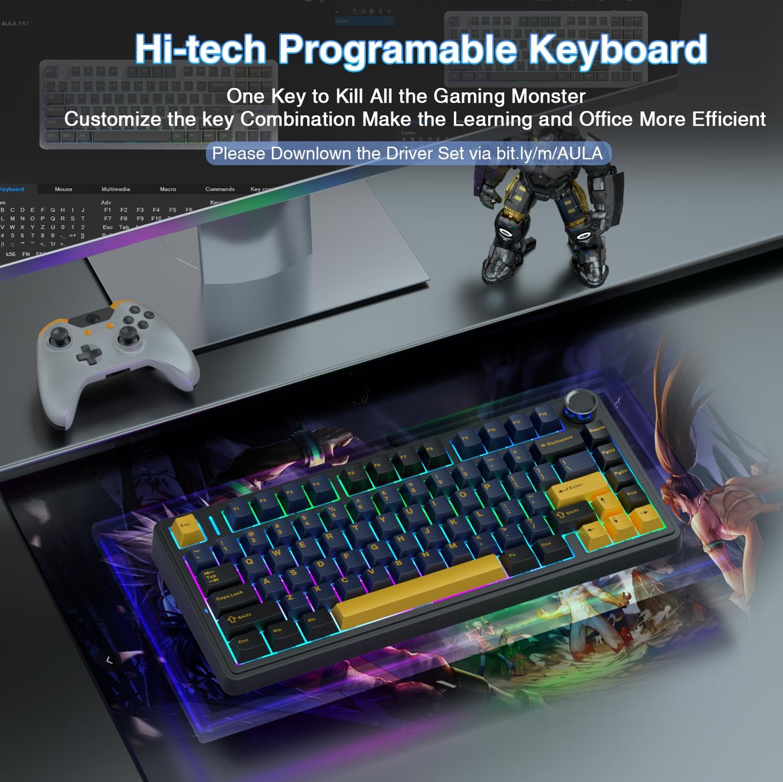 AULA F75 75% Wireless Mechanical Keyboard | Hot Swappable | Pre-lubed Linear Switches | RGB Backlit | 2.4GHz/Type-C/Bluetooth Gaming Keyboard (Thunder Black, Graywood Switch)