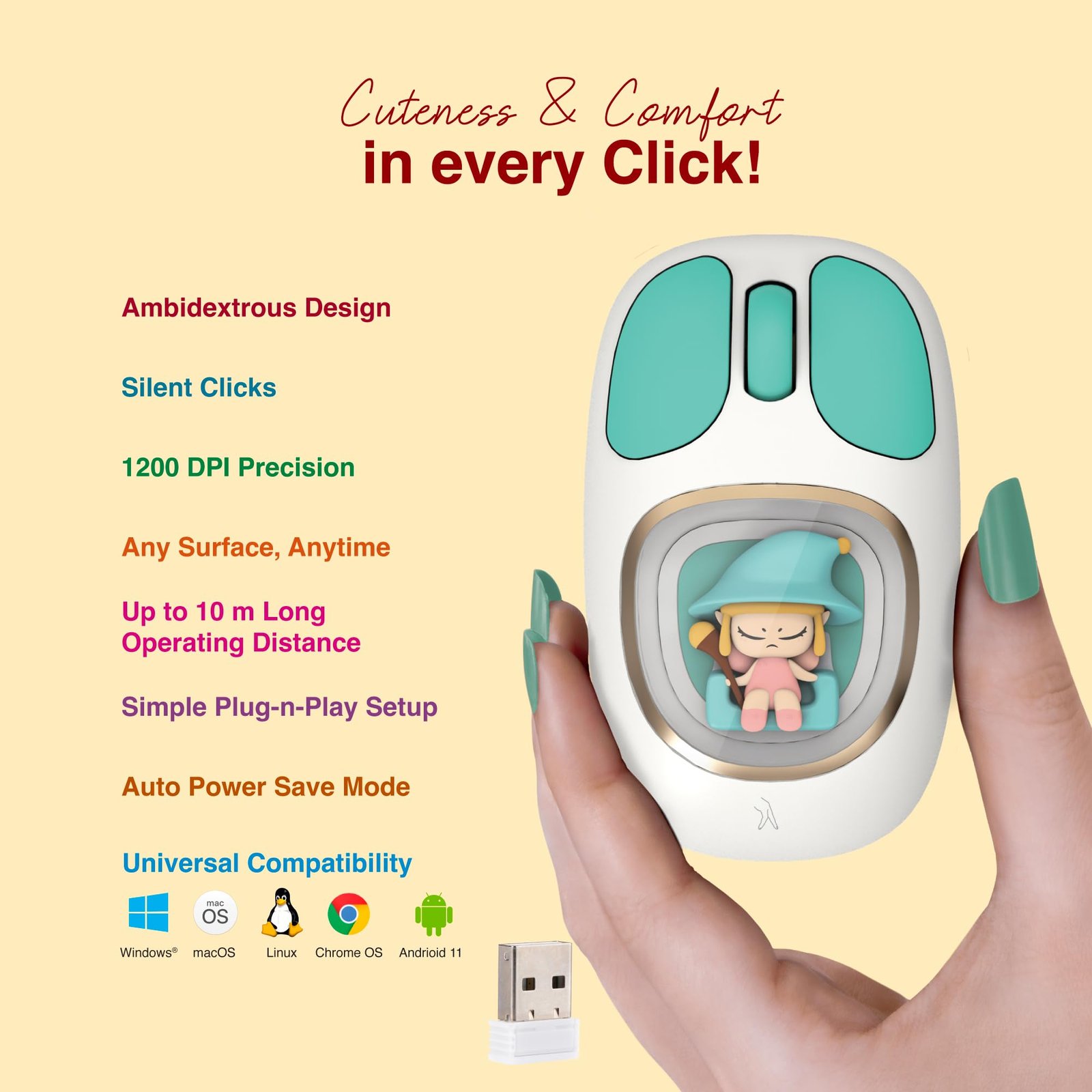 FINGERS CuteClicks WB4 Wireless Mouse with Rechargeable Battery, Bluetooth + USB, 1200 DPI, Silent Clicks, RGB Lights, Ambidextrous Compact & Cute Design (White + Teal)