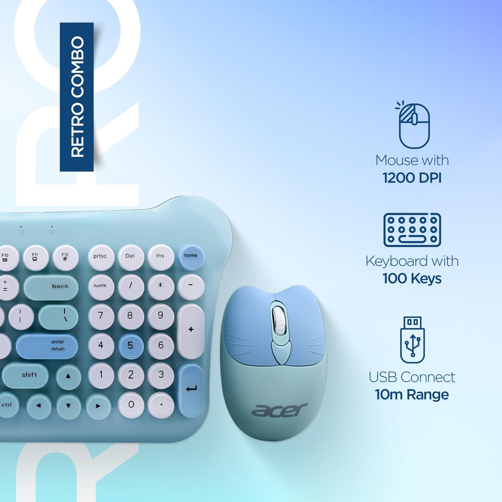 Acer Cuteo Wireless Keyboard and Mouse Combo | 2.4GHz Wireless USB Receiver | Retro Round Keycaps | 1200 DPI Optical Mouse | Plug & Play Compact Design for PC, Laptop, Office & Home Use | Blue