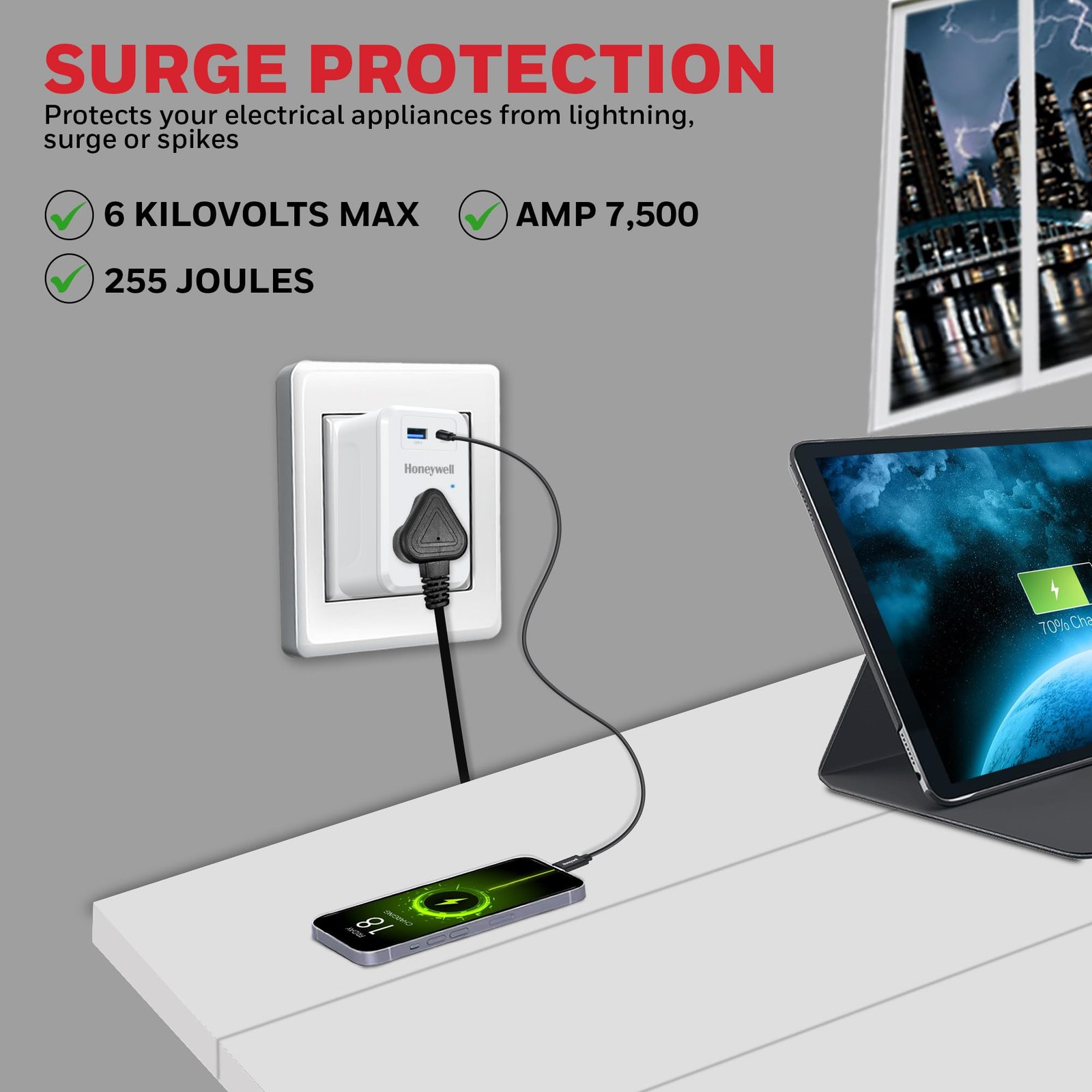 Honeywell 3 Out Surge Cube, Spike Guard, 1 Outlet, PD20W & USB A Port, 7500Amp, Charge On The Go, Device Secure Warranty, Automatic Overload Protection, 3 Years Manufacturer Warranty