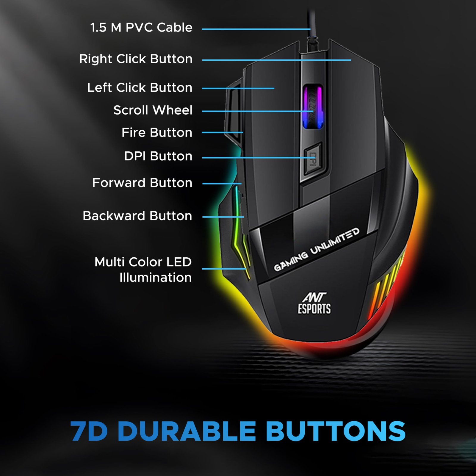 Ant Esports KM1410 Wired Gaming Keyboard and Mouse Combo, RGB LED Backlit, 25 Keys Anti-ghosting Water Resistant Membrane Keyboard, Carbon Black, Upto 3600 DPI RGB Gaming Mouse.