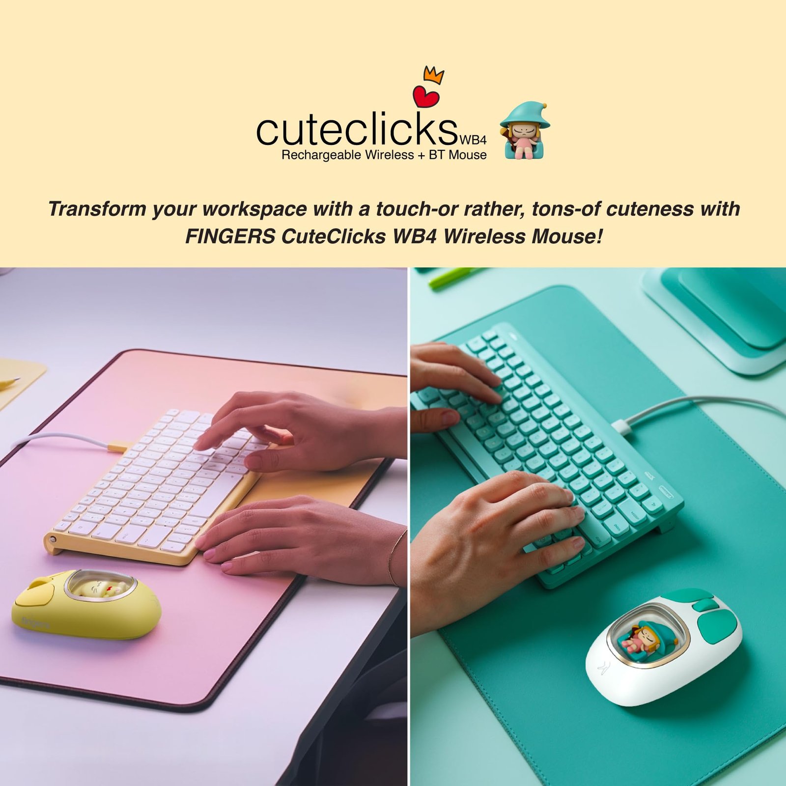 FINGERS CuteClicks WB4 Wireless Mouse with Rechargeable Battery, Bluetooth + USB, 1200 DPI, Silent Clicks, RGB Lights, Ambidextrous Compact & Cute Design (White + Teal)