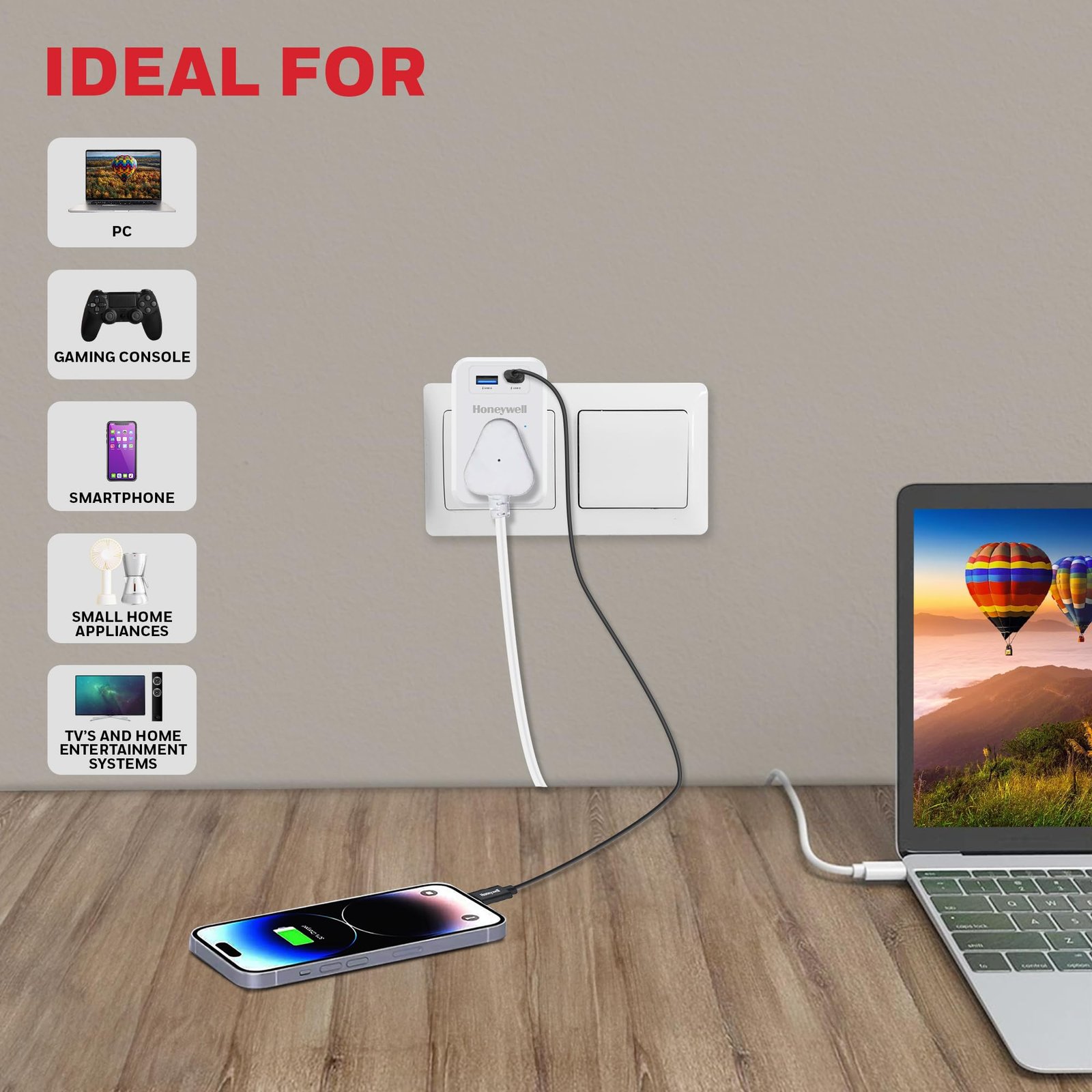 Honeywell 3 Out Surge Cube, Spike Guard, 1 Outlet, PD20W & USB A Port, 7500Amp, Charge On The Go, Device Secure Warranty, Automatic Overload Protection, 3 Years Manufacturer Warranty