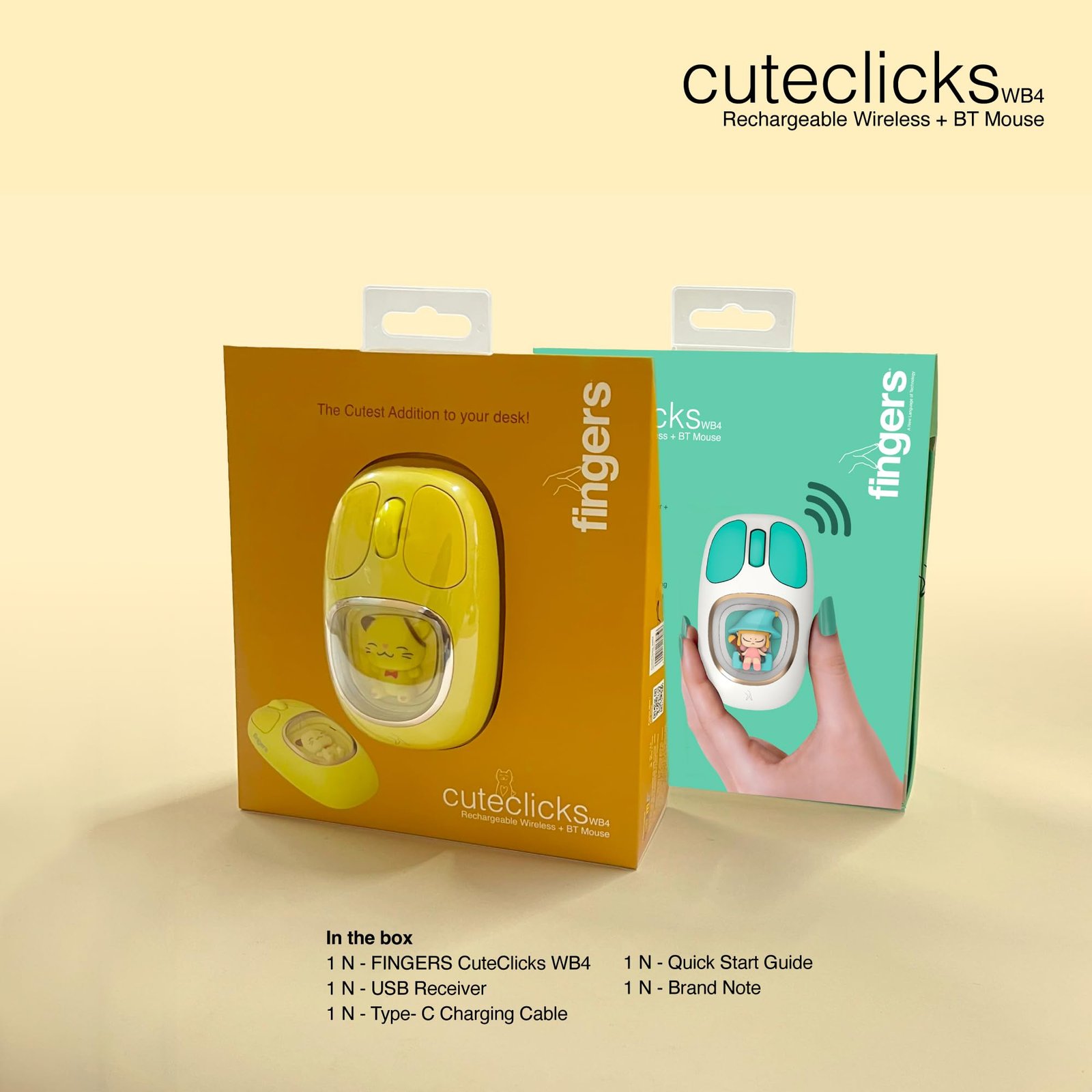 FINGERS CuteClicks WB4 Wireless Mouse with Rechargeable Battery, Bluetooth + USB, 1200 DPI, Silent Clicks, RGB Lights, Ambidextrous Compact & Cute Design (White + Teal)