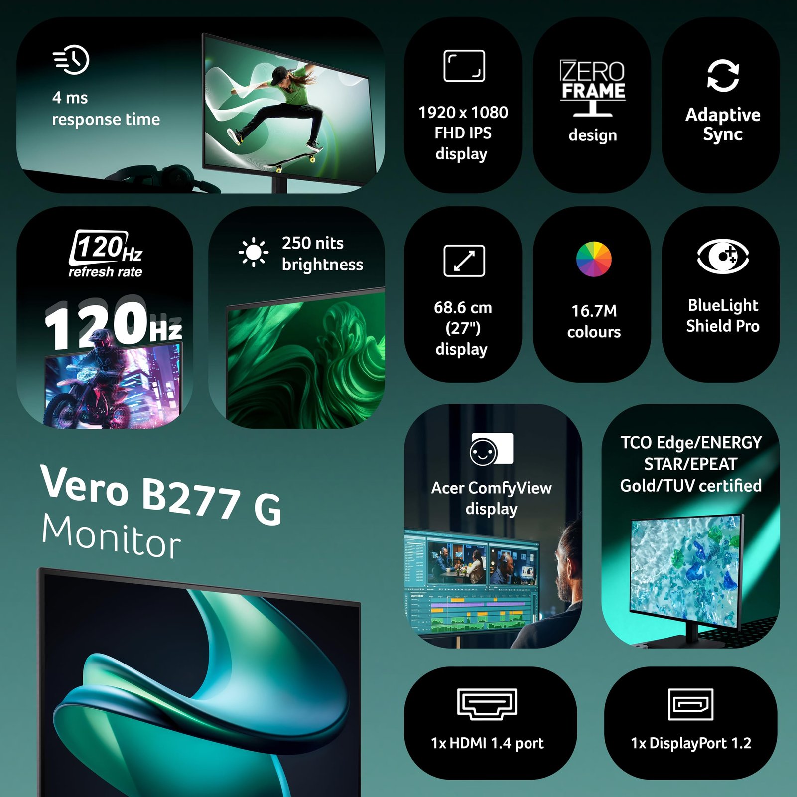 Acer Vero B277 G 27 Inch IPS FHD Monitor | 120Hz AdaptiveSync | ErgoStand Tilt/Swivel/Pivot/Height Adjust | TUV Low Blue Light | VisionCare 2.0 | HDMI + DP Ports | TCO/EPEAT Gold | 85% PCR Eco Design