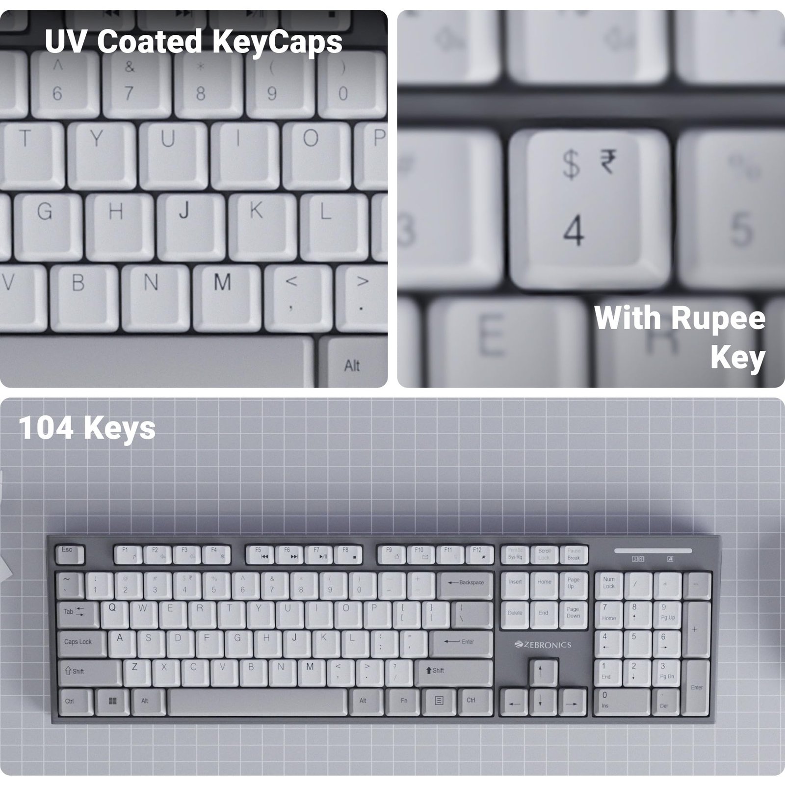 Zebronics Wireless Keyboard & Mouse Combo, 104 UV-Printed Keys, ₹ Key, 12 Multimedia Keys, Retractable Stand, 4 Button Mouse, 1600 DPI, High Precision, USB Nano Receiver (Companion 304, Grey)