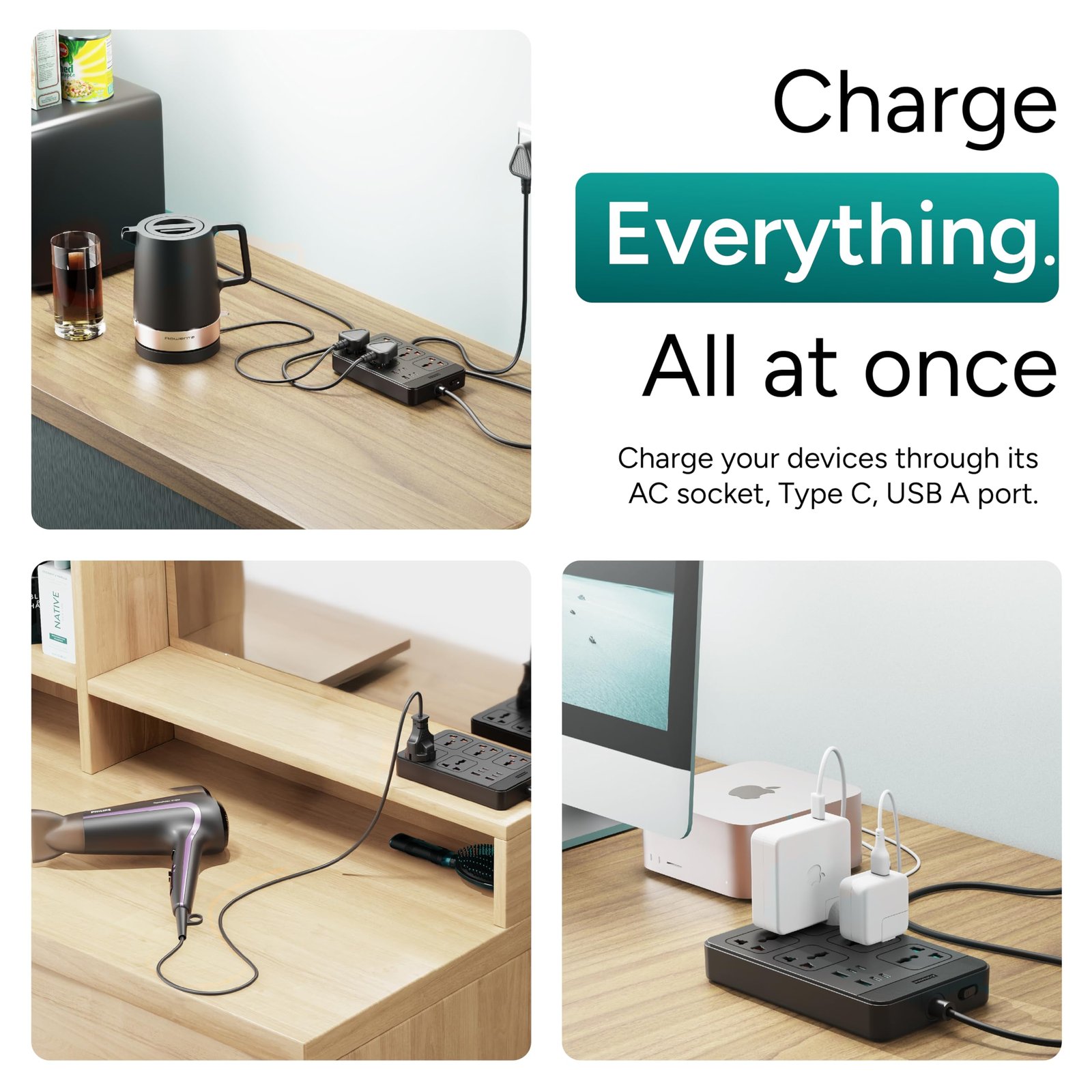Ambrane Extension Board, 4 Type C, 2 USB, 5 International Power Sockets, 2500W Output, Long Cable, Wall Mount Option, Supports Laptop Charging for Office, Home Appliances (SmartStrip 2 Pro, Black)