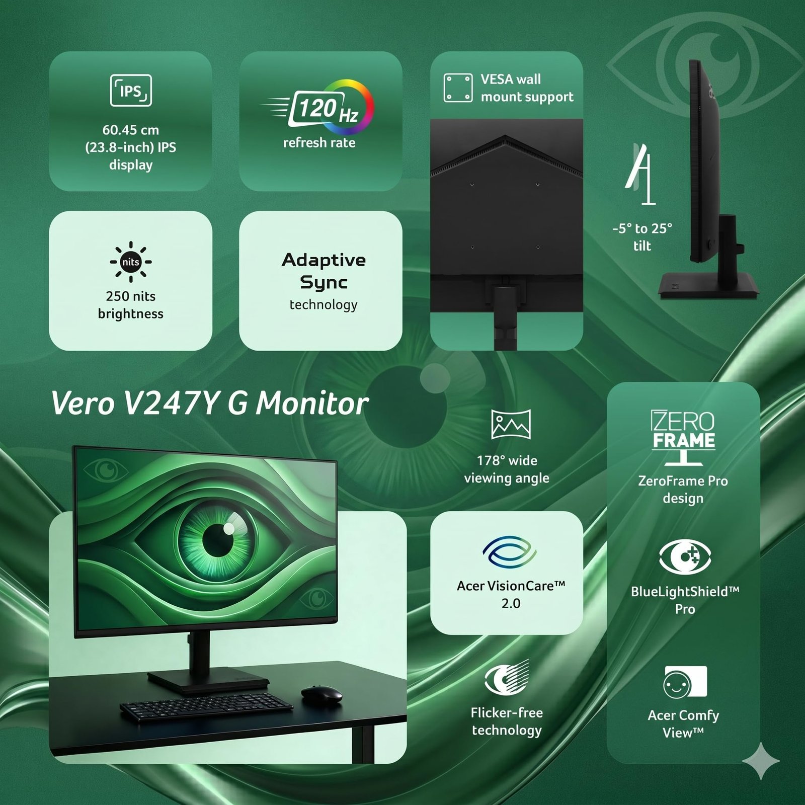 Acer Vero V247Y G 23.8 Inch Full HD IPS Monitor I 120Hz Refresh, AdaptiveSync I 99% sRGB, 1500:1 Contrast I 2x2W Speakers I HDMI +VGA I ZeroFrame I VisionCare 2.0 I VESA I Energy Star I Black