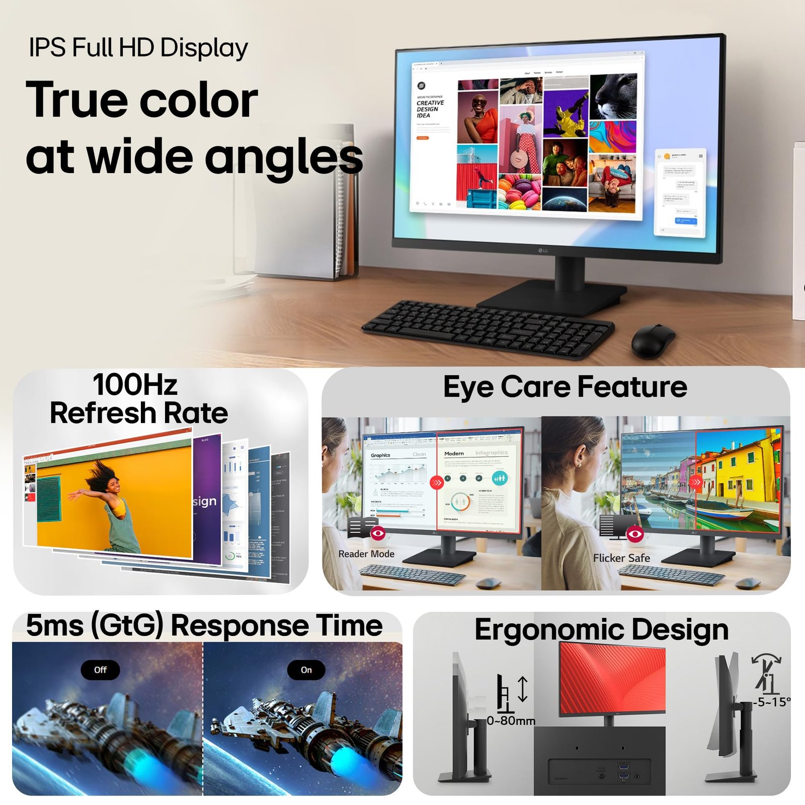 LG 27MS550-B 68.6 cm (27 Inch) FHD (1920x1080) IPS PC Monitor with 100Hz, 5ms (GtG), Flicker Safe & Reader Mode, 2xSpeakers, 2xHDMI, Tilt/Height Adjustable, 3-Side Virtually Borderless Design (Black)