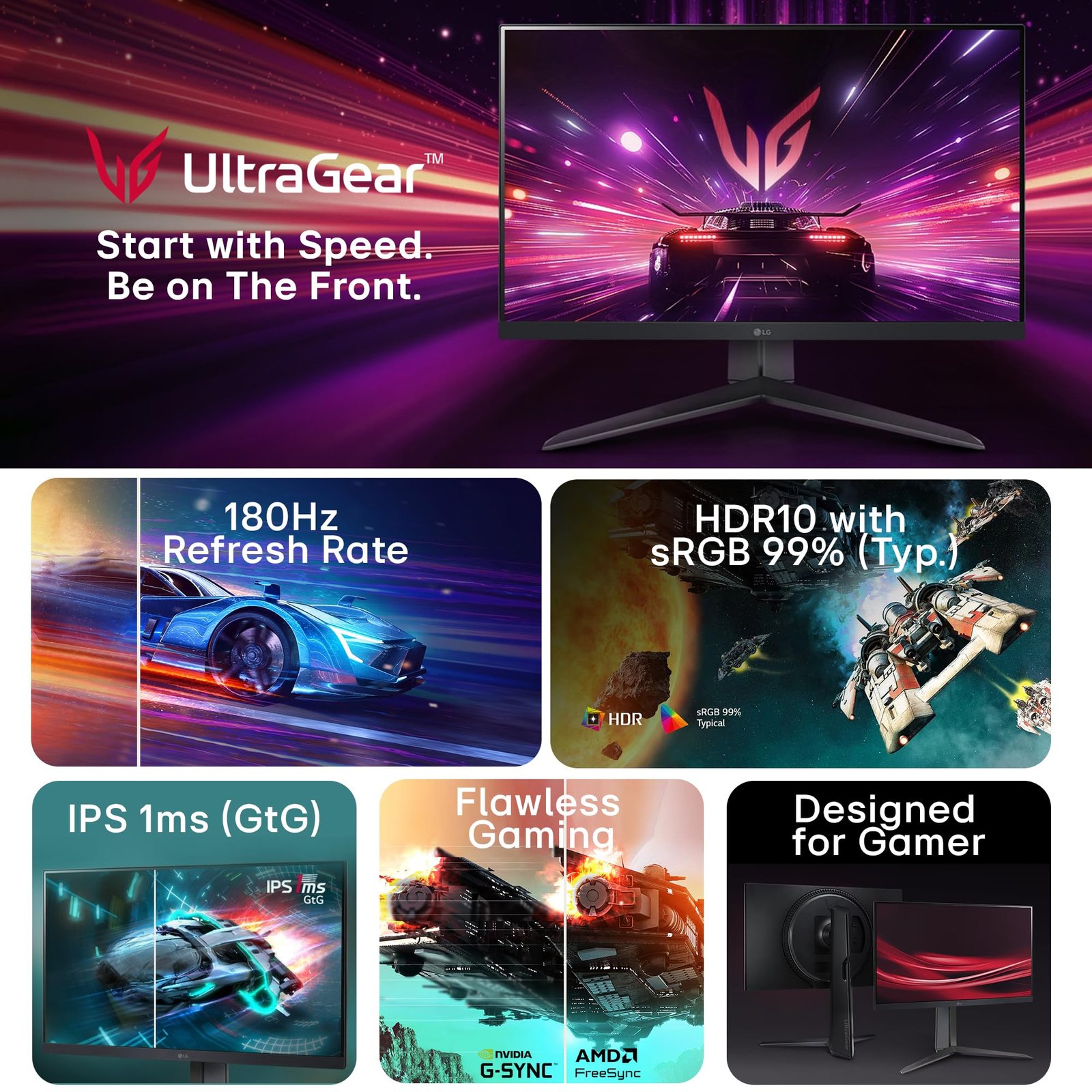LG 24GS65F Smartchoice 60.47cm (23.8Inch) Ultragear FHD (1920x1080) IPS Gaming Monitor, 180Hz, 1ms, NVIDIA G-SYNC Compatible, AMD FreeSync, DP, HDMI, Tilt/Height/Pivot Adjustable, Anti-Glare (Black)