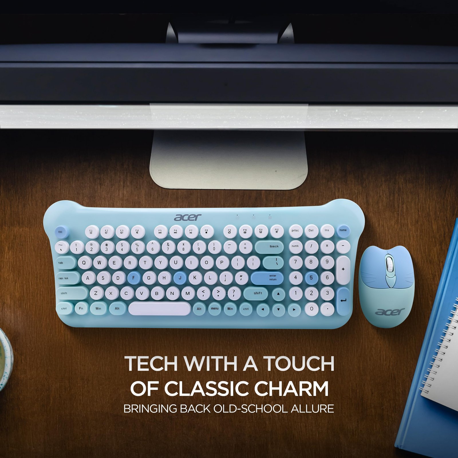 Acer Cuteo Wireless Keyboard and Mouse Combo | 2.4GHz Wireless USB Receiver | Retro Round Keycaps | 1200 DPI Optical Mouse | Plug & Play Compact Design for PC, Laptop, Office & Home Use | Blue