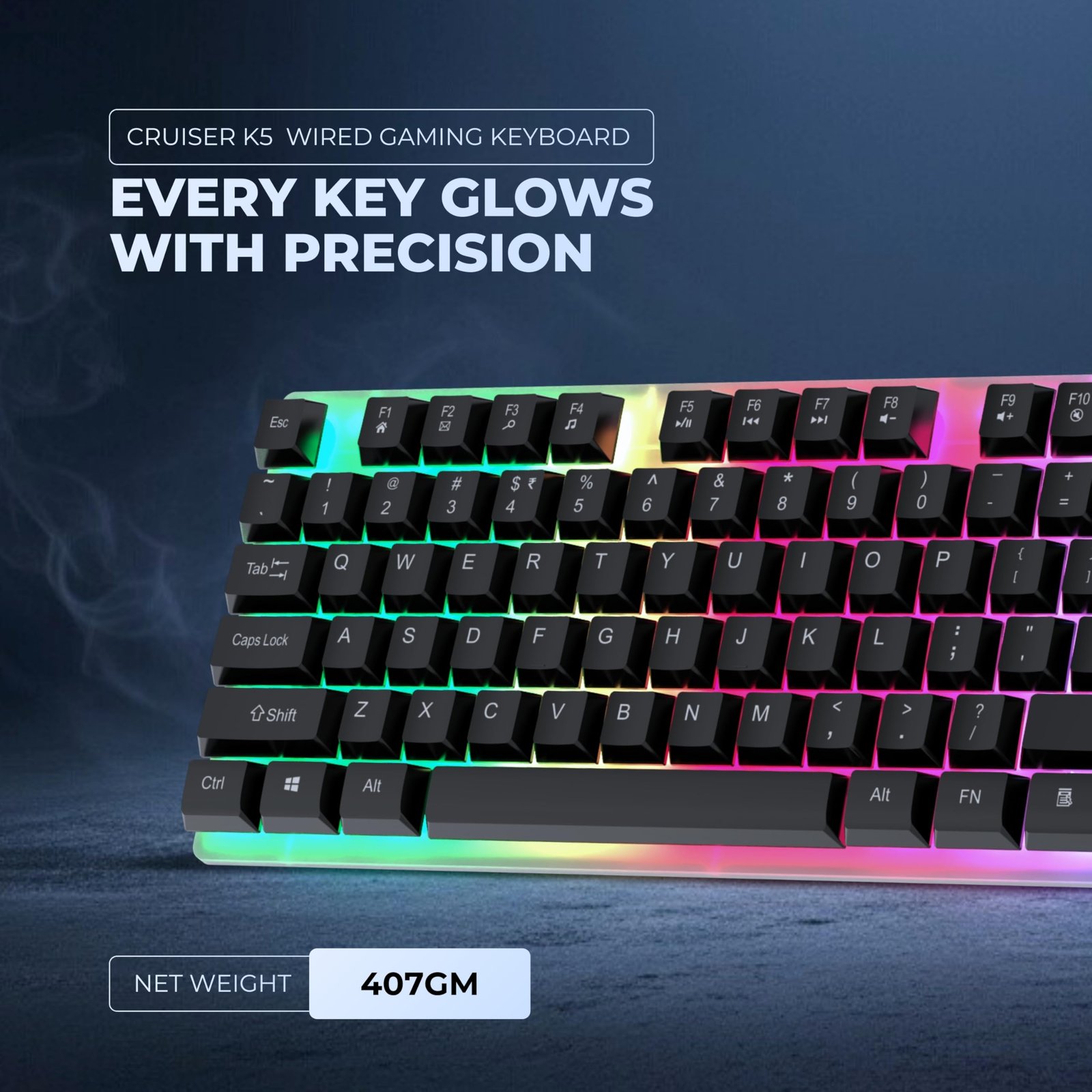 Geonix Cruiser K5, Wired Gaming Keyboard, 104 Keys, 1.5m Cable, 12 Multimedia Keys, USB Interface, RGB Colour, Plug and Play